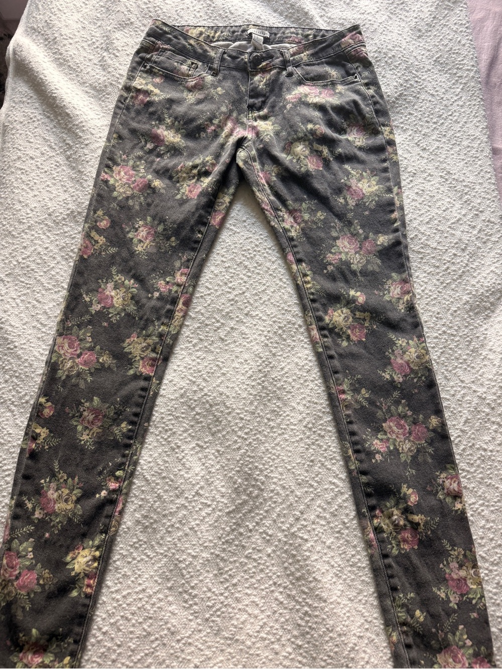 Forever 21 Gray Floral Skinny Jeans with Pink Accents